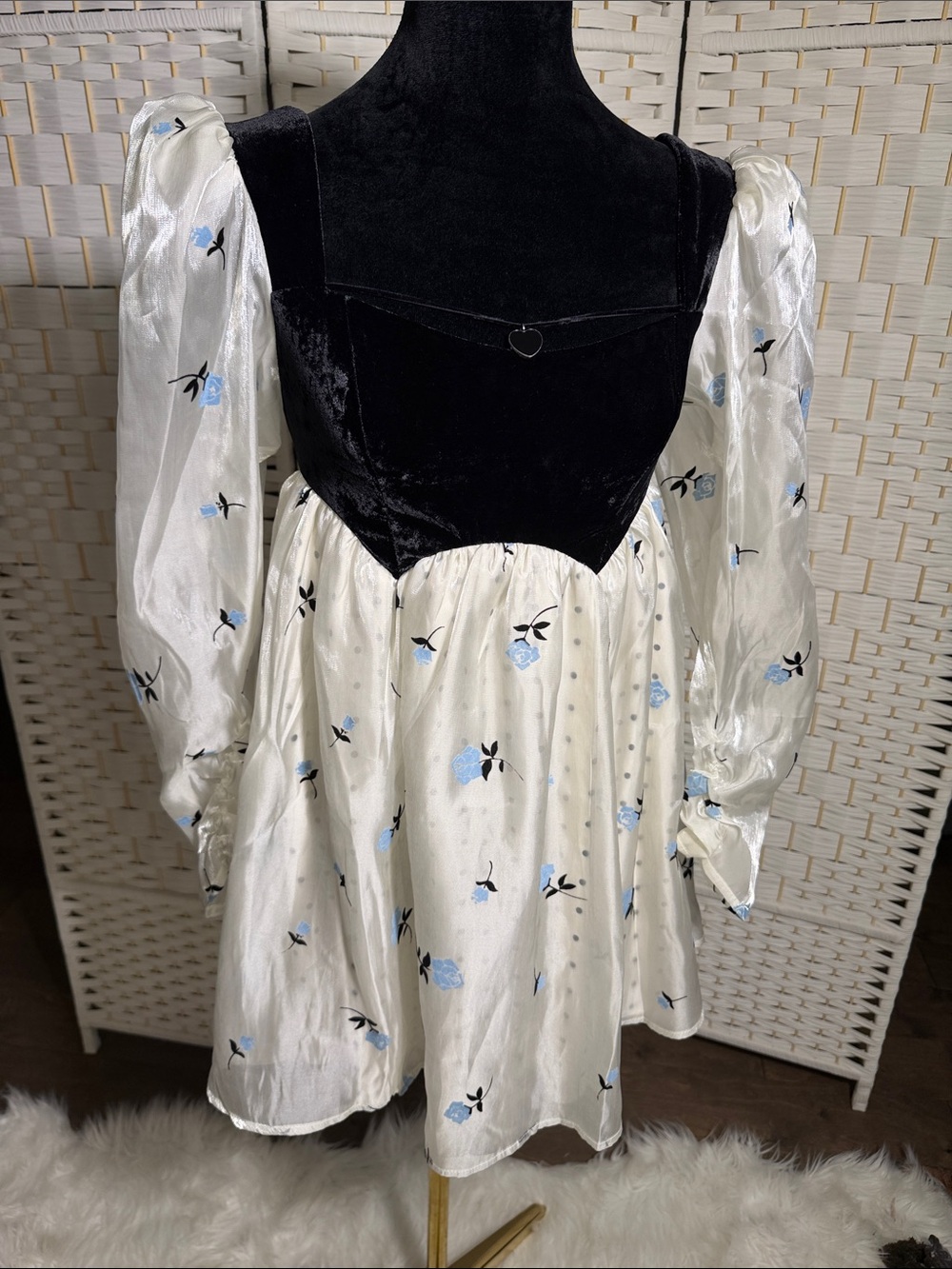 For Love And Lemons Cream Dress with Black Velvet Bodice and Blue Floral